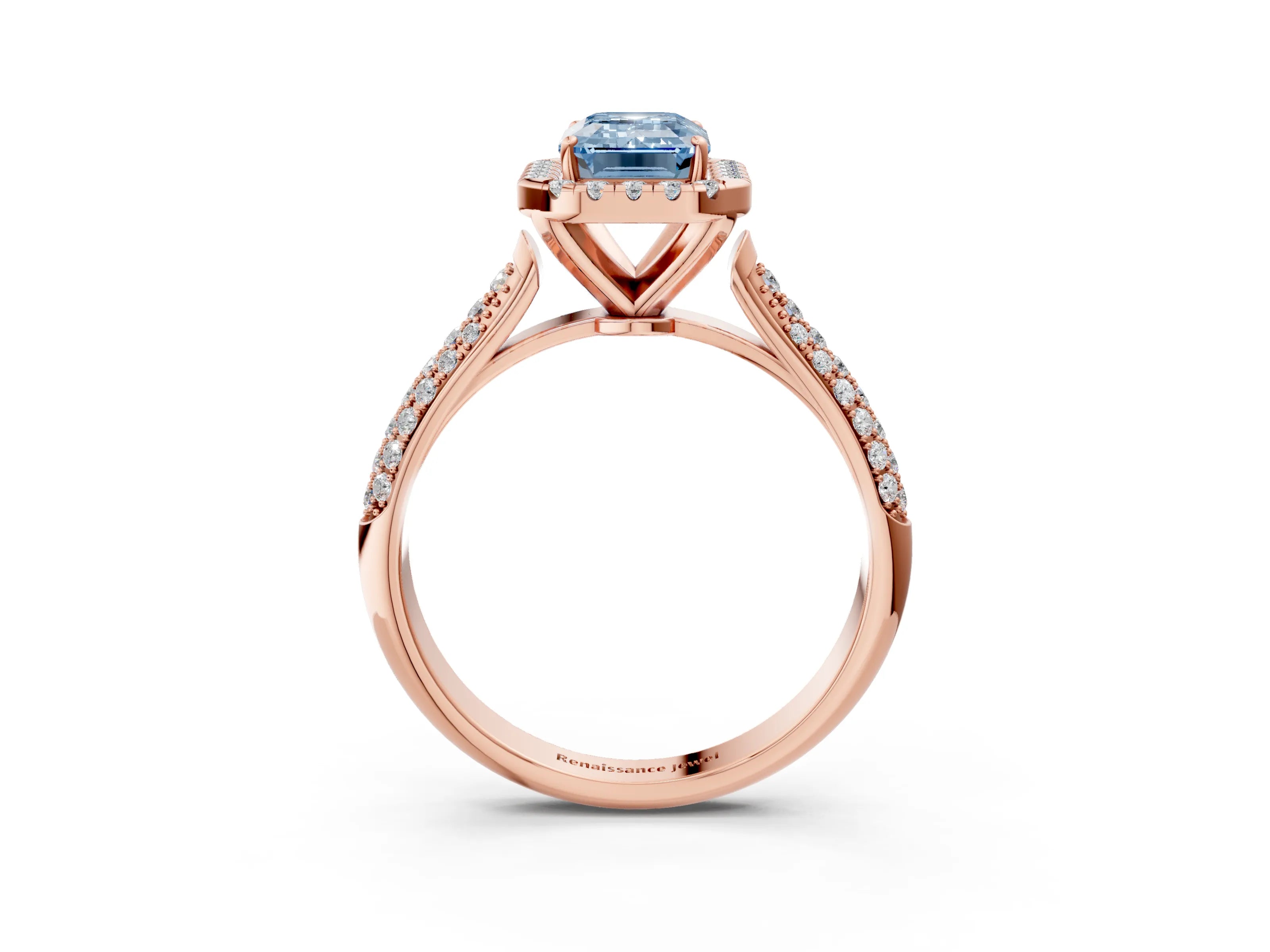 Rose gold Fancy Blue Emerald Cut Halo Diamond Ring with Pavé Band_3