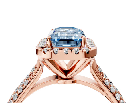 Rose gold Fancy Blue Emerald Cut Halo Diamond Ring with Pavé Band_4