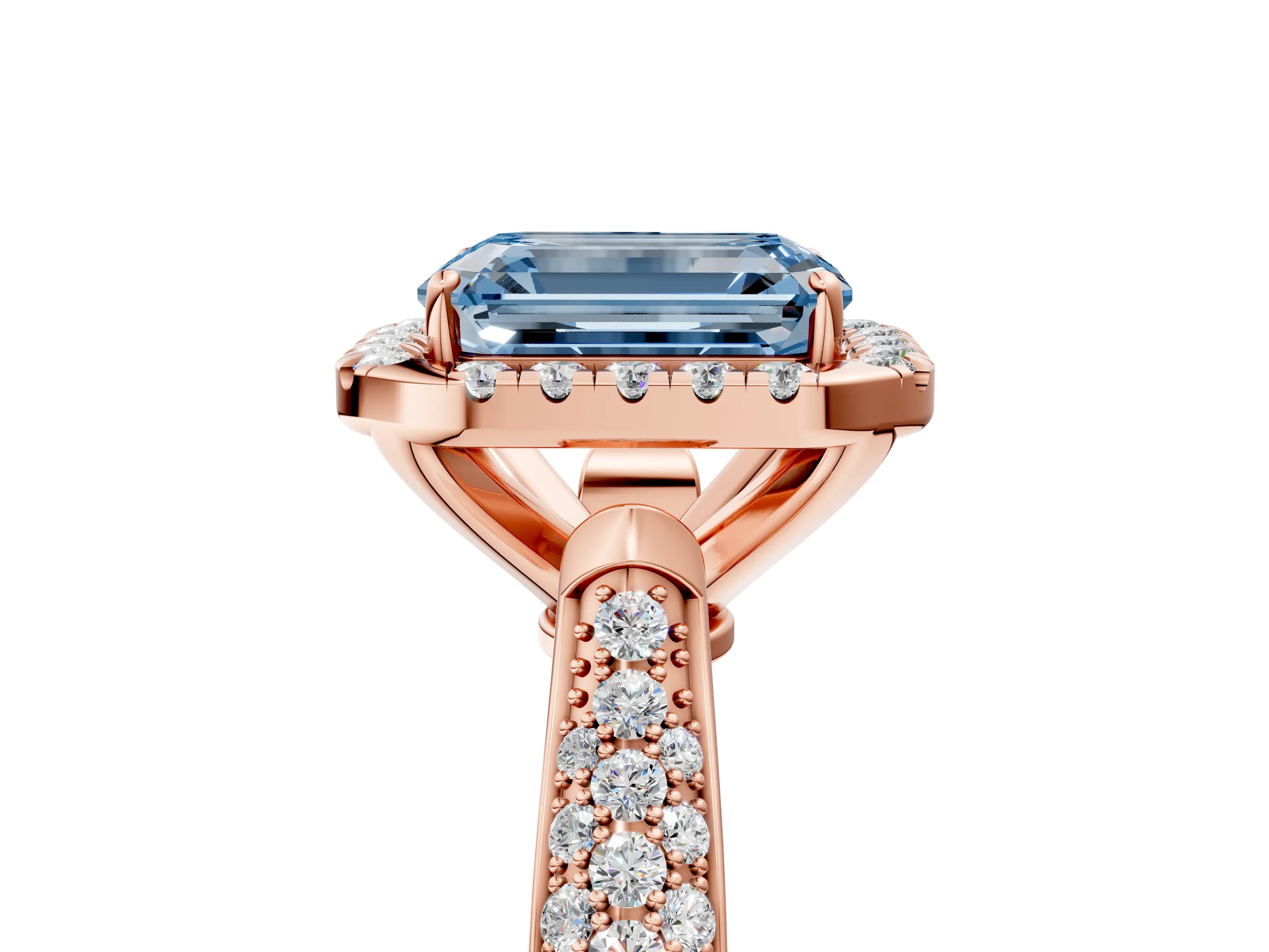 Rose gold Fancy Blue Emerald Cut Halo Diamond Ring with Pavé Band_5