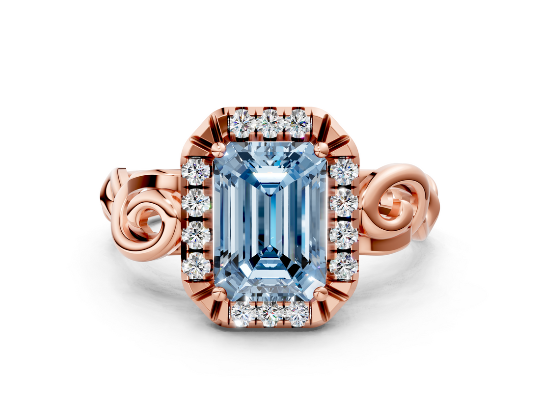 Rose gold Fancy Blue Emerald  Cut Halo Diamond Ring with Scrollwork Band and Four-Prong Setting_101
