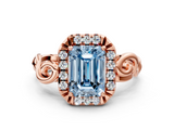 Rose gold Fancy Blue Emerald  Cut Halo Diamond Ring with Scrollwork Band and Four-Prong Setting_101