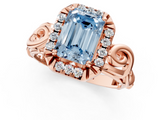 Rose gold Fancy Blue Emerald  Cut Halo Diamond Ring with Scrollwork Band and Four-Prong Setting_102
