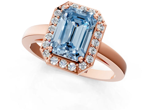 Rose gold Fancy Blue Emerald Cut Halo Diamond Ring with Solitaire Band and Prong Setting_1