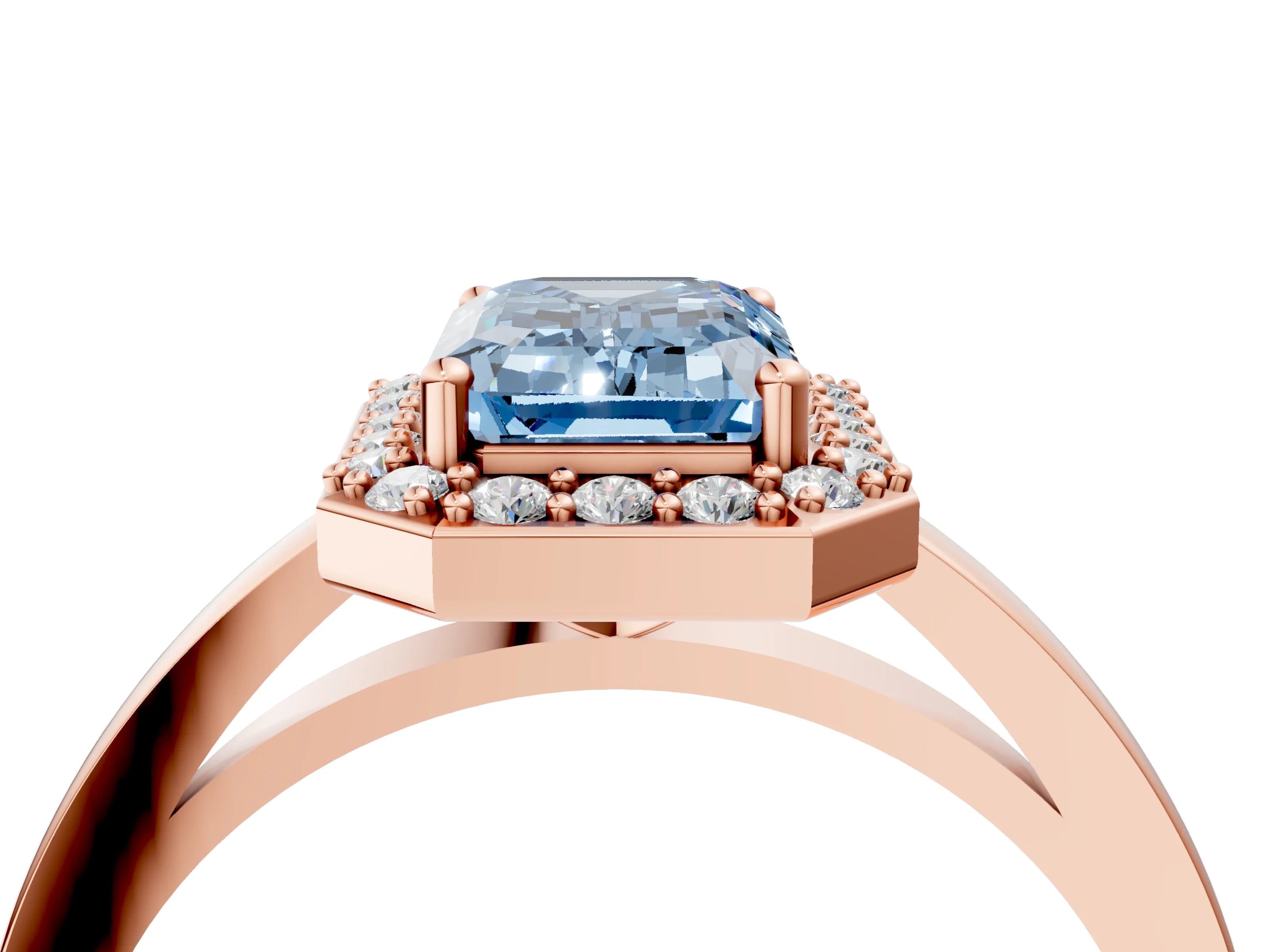 Rose gold Fancy Blue Emerald Cut Halo Diamond Ring with Solitaire Band and Prong Setting_4