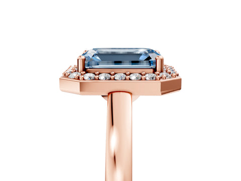 Rose gold Fancy Blue Emerald Cut Halo Diamond Ring with Solitaire Band and Prong Setting_5