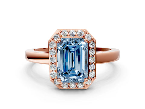 Rose gold Fancy Blue Emerald Cut Halo Diamond Ring with Solitaire Band and Prong Setting
