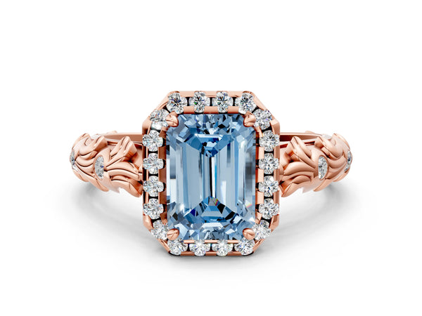 Rose gold Fancy Blue Emerald Cut Halo Diamond Solitaire with Filigree Band and Four-Prong Setting