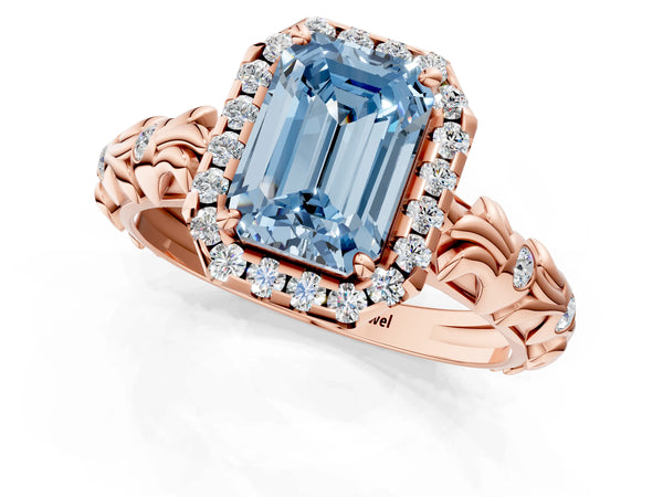 Rose gold Fancy Blue Emerald Cut Halo Diamond Solitaire with Filigree Band and Four-Prong Setting