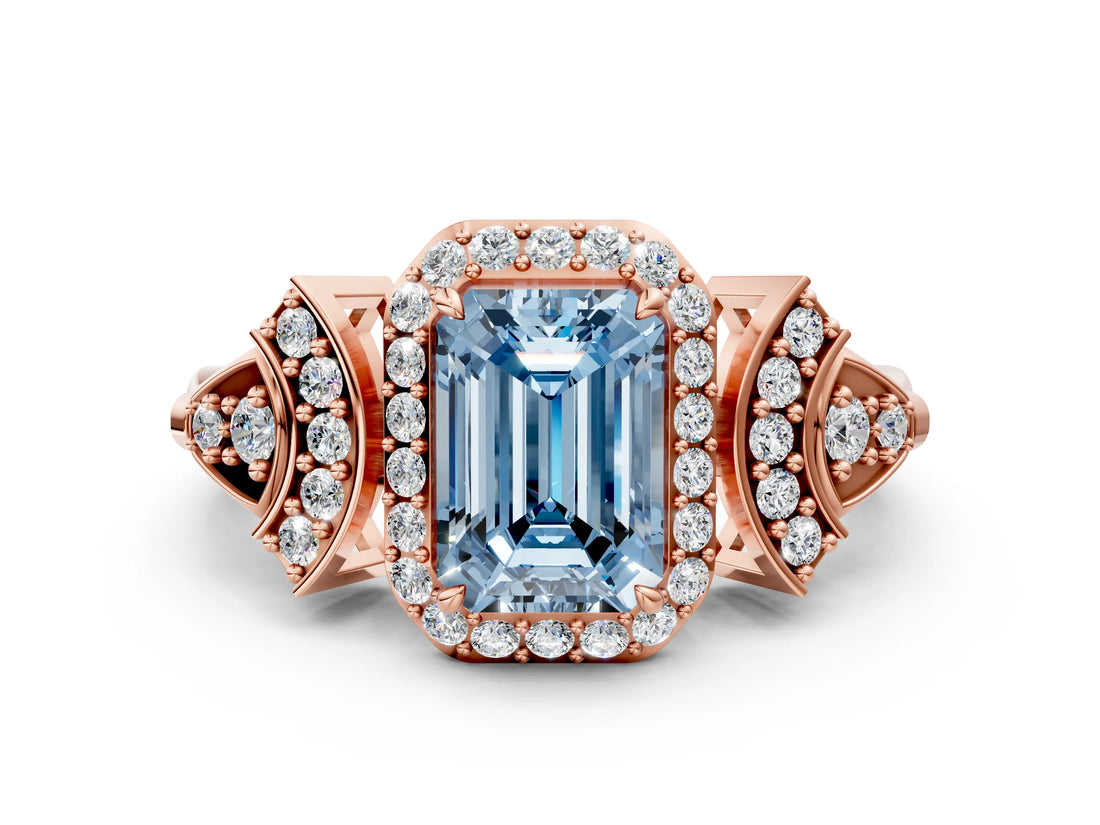 Rose gold Fancy Blue Emerald Cut Halo Diamond Split Shank Engagement Ring with Four-Prong Setting
