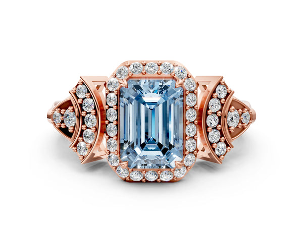 Rose gold Fancy Blue Emerald Cut Halo Diamond Split Shank Engagement Ring with Four-Prong Setting