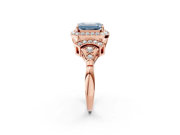 Rose gold Fancy Blue Emerald Cut Halo Diamond Split Shank Engagement Ring with Four-Prong Setting