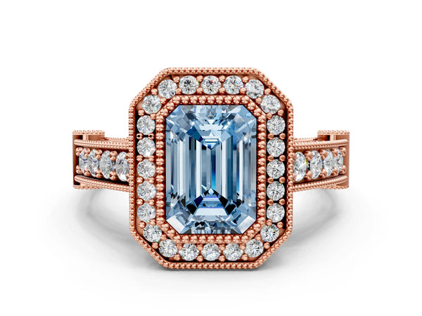 Rose Gold Emerald Cut Vintage Bezel Halo Engagement Ring Setting for Fancy Blue Center