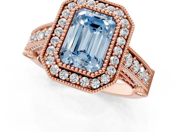 Rose Gold Emerald Cut Vintage Bezel Halo Engagement Ring Setting for Fancy Blue Center