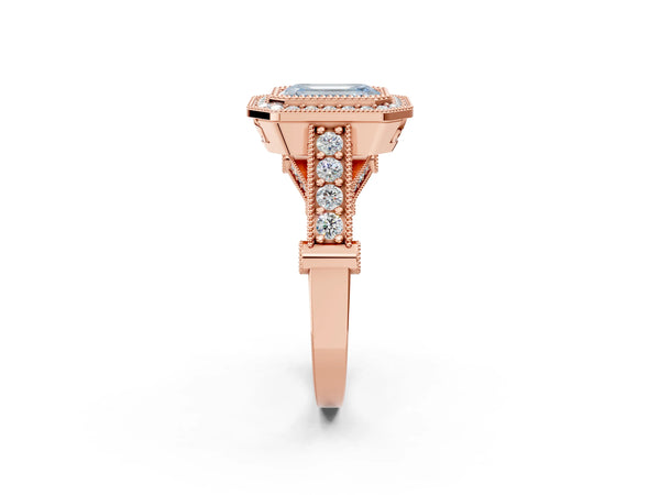 Rose Gold Emerald Cut Vintage Bezel Halo Engagement Ring Setting for Fancy Blue Center