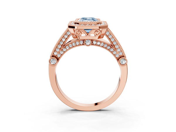 Rose Gold Emerald Cut Vintage Bezel Halo Engagement Ring Setting for Fancy Blue Center