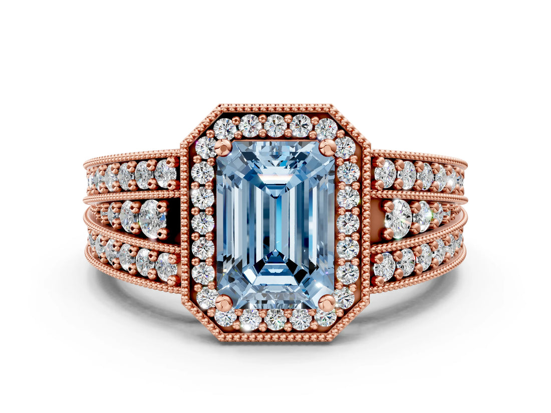 Rose gold Fancy Blue Emerald Cut Halo Diamond Split Shank Ring with Prong Setting_24