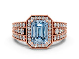 Rose gold Fancy Blue Emerald Cut Halo Diamond Split Shank Ring with Prong Setting_24