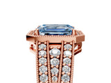 Rose gold Fancy Blue Emerald Cut Halo Diamond Split Shank Ring with Prong Setting_29