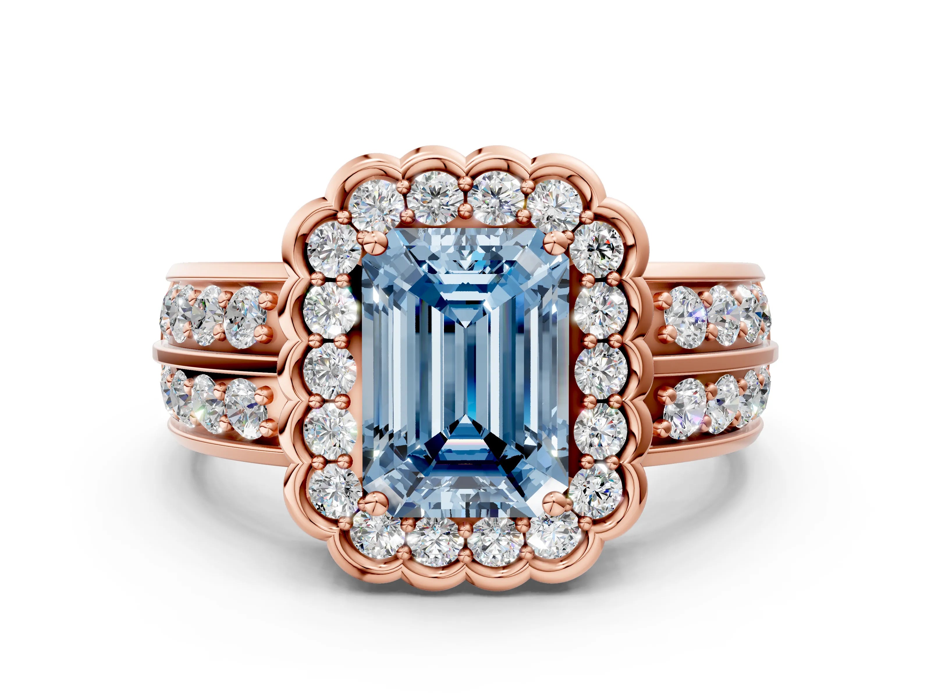 Rose gold Fancy Blue Emerald Cut Halo Diamond Split Shank Ring with Scalloped Prong Setting