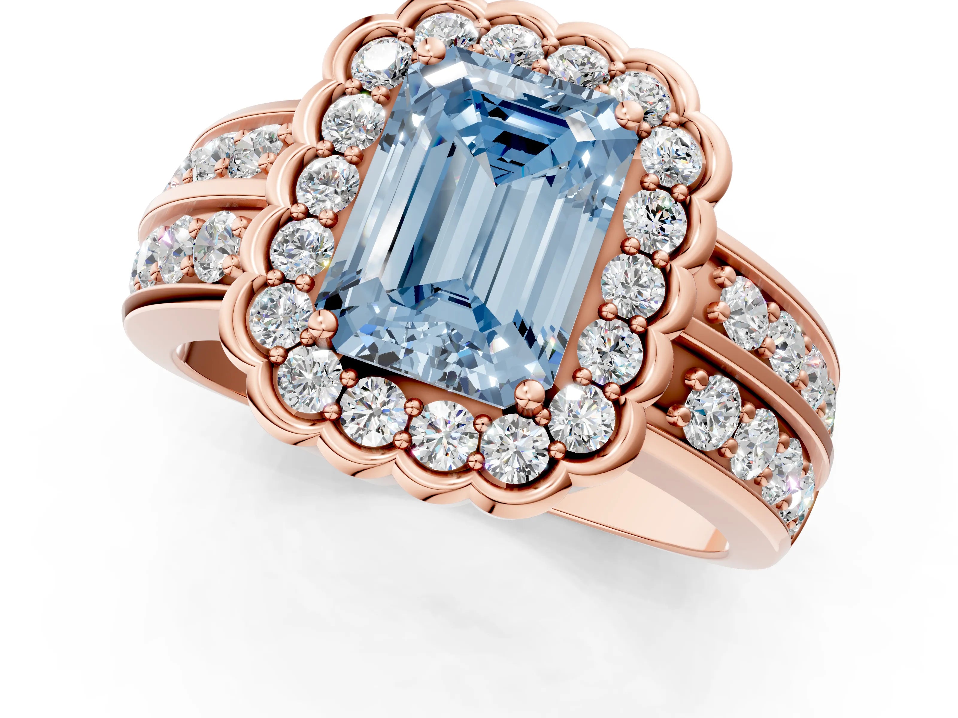 Rose gold Fancy Blue Emerald Cut Halo Diamond Split Shank Ring with Scalloped Prong Setting_1