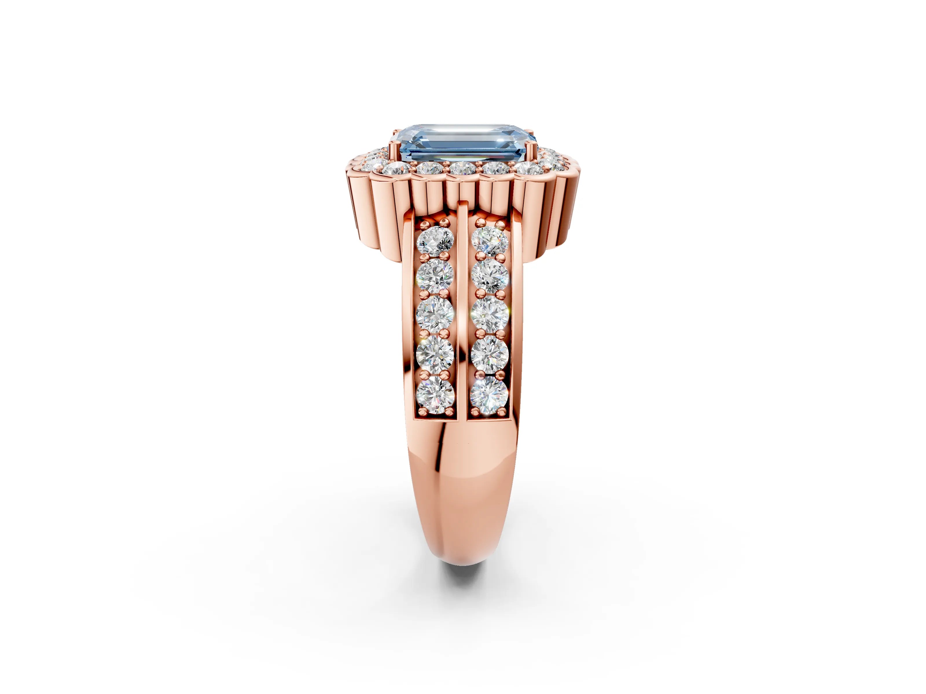 Rose gold Fancy Blue Emerald Cut Halo Diamond Split Shank Ring with Scalloped Prong Setting_2