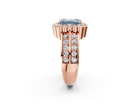 Rose gold Fancy Blue Emerald Cut Halo Diamond Split Shank Ring with Scalloped Prong Setting_2