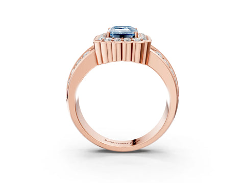 Rose gold Fancy Blue Emerald Cut Halo Diamond Split Shank Ring with Scalloped Prong Setting_3