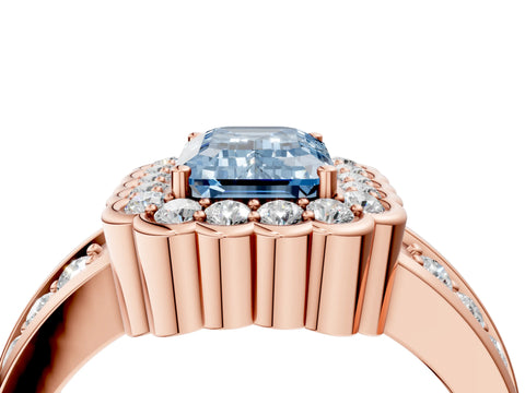Rose gold Fancy Blue Emerald Cut Halo Diamond Split Shank Ring with Scalloped Prong Setting_4