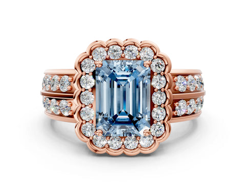 Rose gold Fancy Blue Emerald Cut Halo Diamond Split Shank Ring with Scalloped Prong Setting
