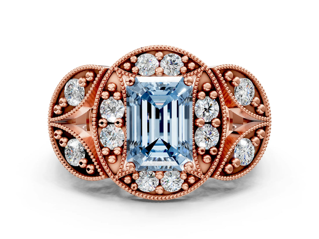 Rose gold Fancy Blue Emerald Cut Halo Milgrain Diamond Engagement Ring with Leaf Band and Four-Prong Setting