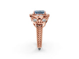 Rose gold Fancy Blue Emerald Cut Halo Milgrain Diamond Engagement Ring with Leaf Band and Four-Prong Setting_2