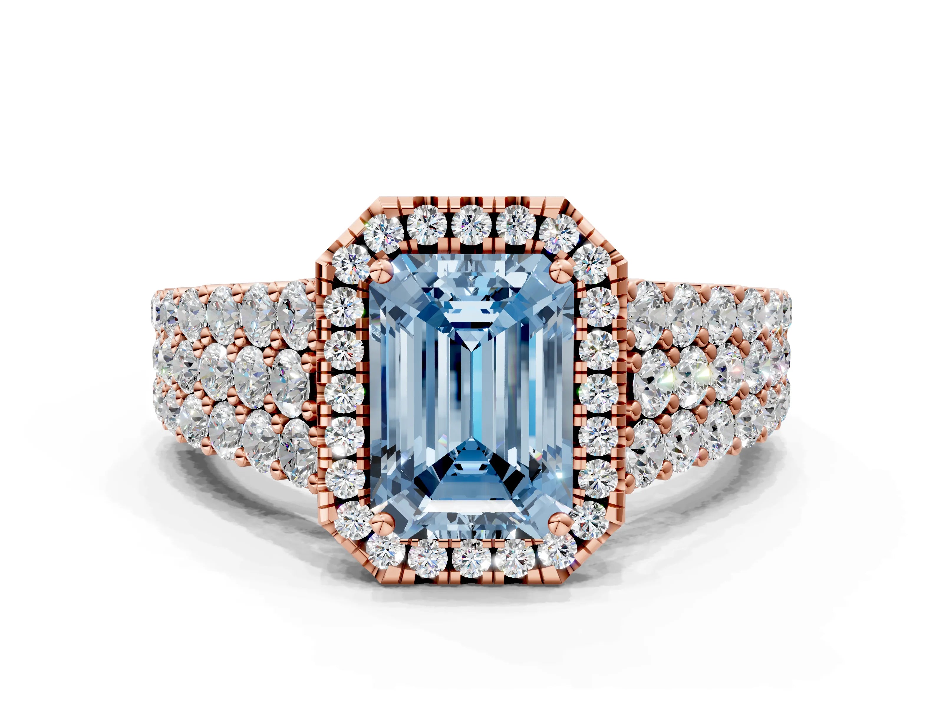 Rose gold Fancy Blue Emerald Cut Halo Pavé Diamond Engagement Ring with Split Shank and Four-Prong Setting_3