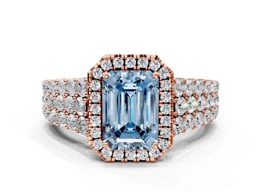 Rose gold Fancy Blue Emerald Cut Halo Pavé Diamond Engagement Ring with Split Shank and Four-Prong Setting_3