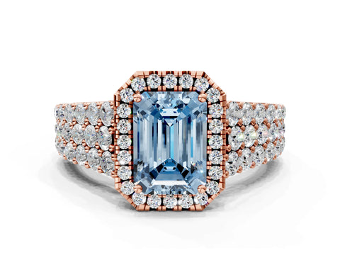 Rose gold Fancy Blue Emerald Cut Halo Pavé Diamond Engagement Ring with Split Shank and Four-Prong Setting_3