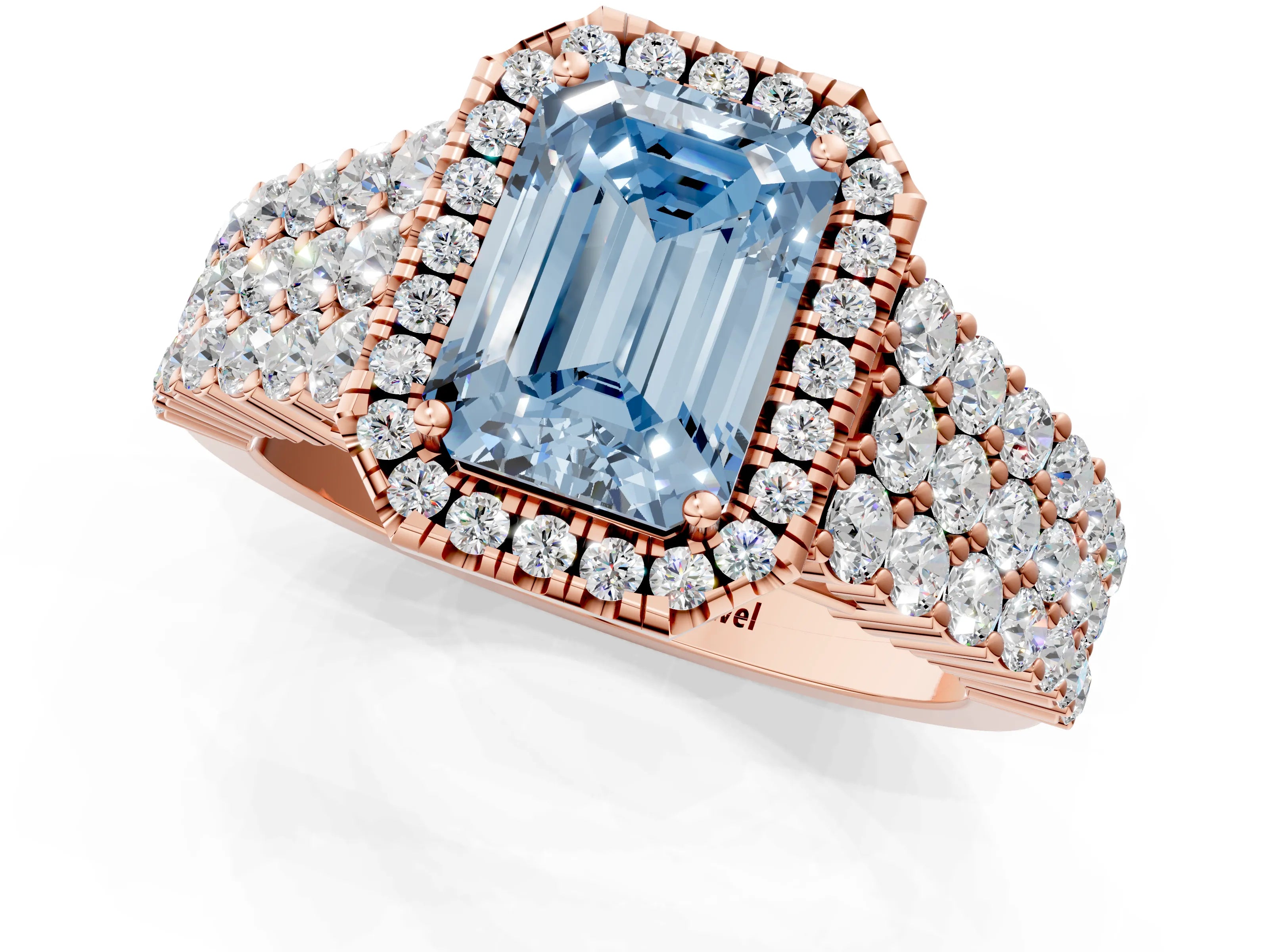 Rose gold Fancy Blue Emerald Cut Halo Pavé Diamond Engagement Ring with Split Shank and Four-Prong Setting_4