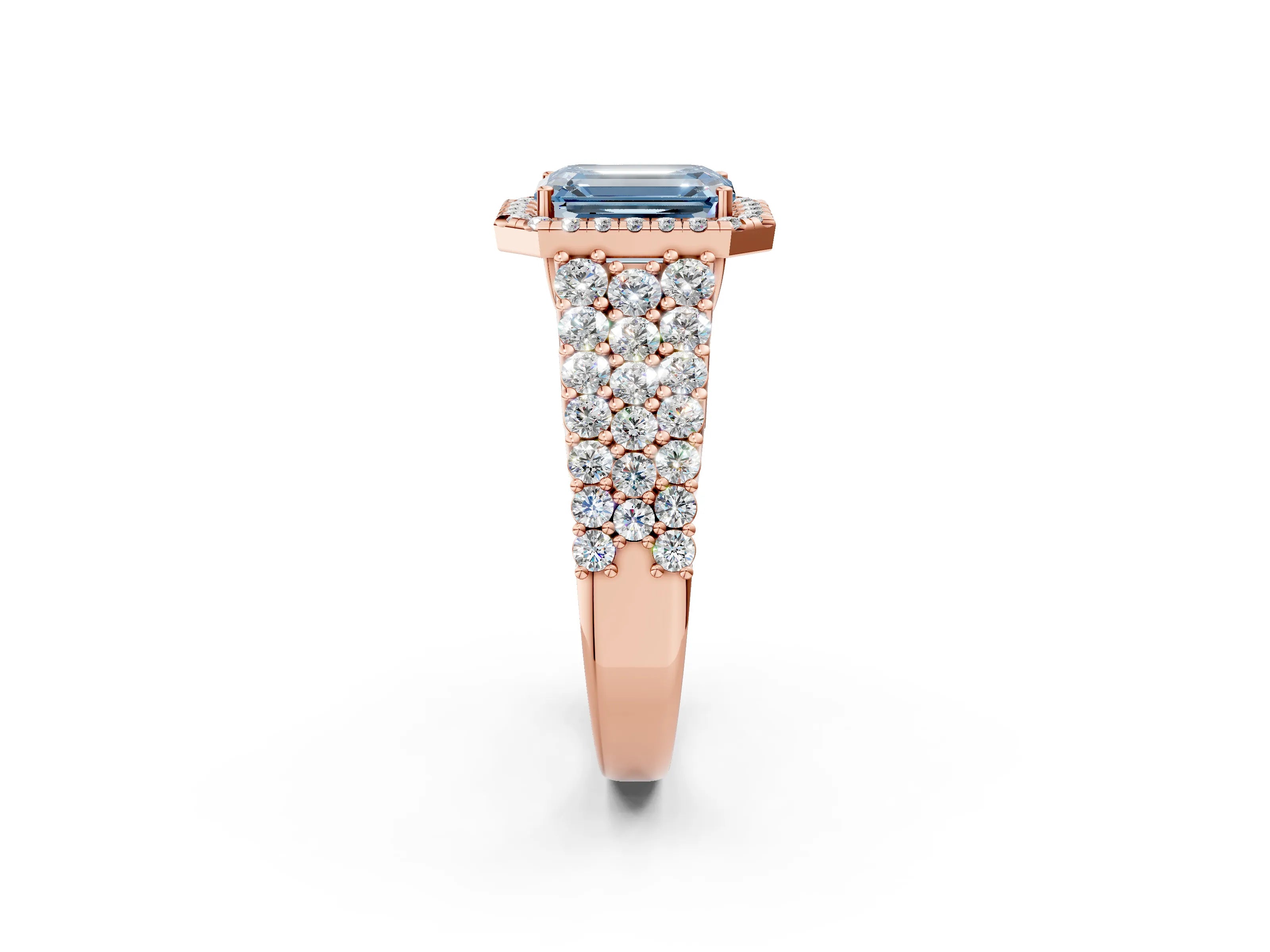 Rose gold Fancy Blue Emerald Cut Halo Pavé Diamond Engagement Ring with Split Shank and Four-Prong Setting_5