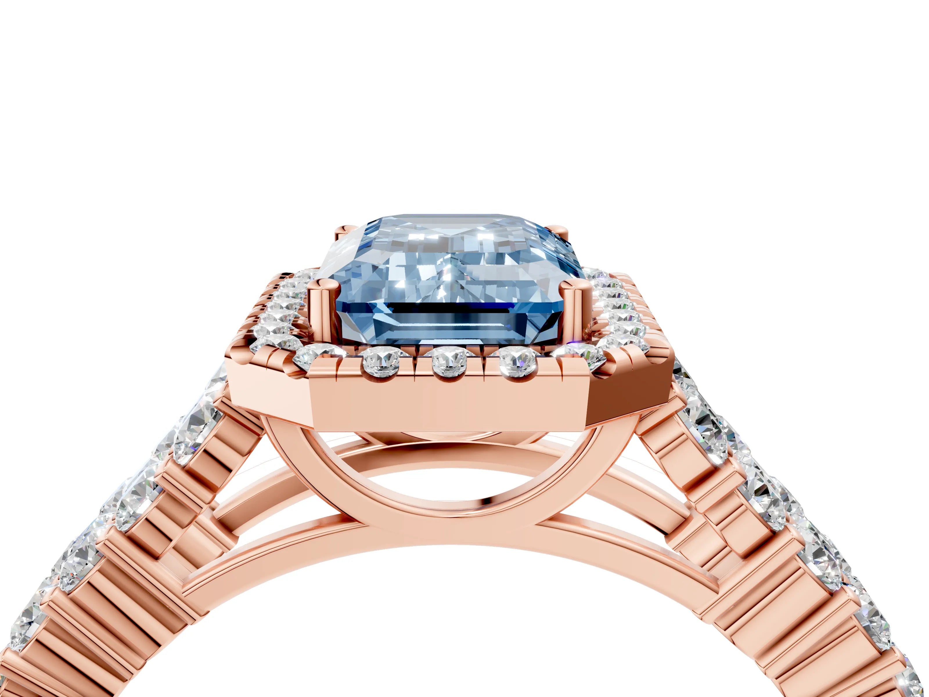 Rose gold Fancy Blue Emerald Cut Halo Pavé Diamond Engagement Ring with Split Shank and Four-Prong Setting_7
