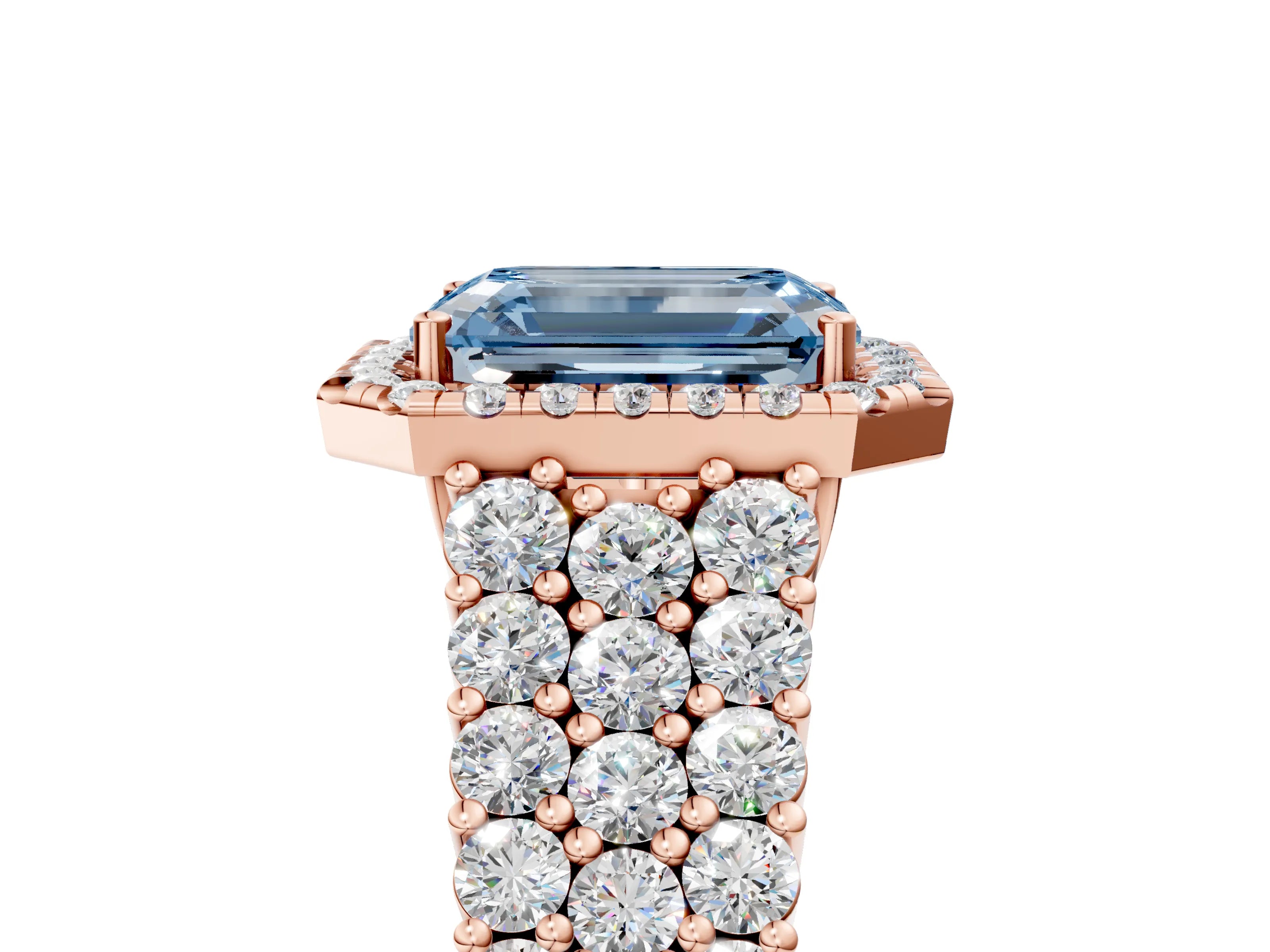 Rose gold Fancy Blue Emerald Cut Halo Pavé Diamond Engagement Ring with Split Shank and Four-Prong Setting_8