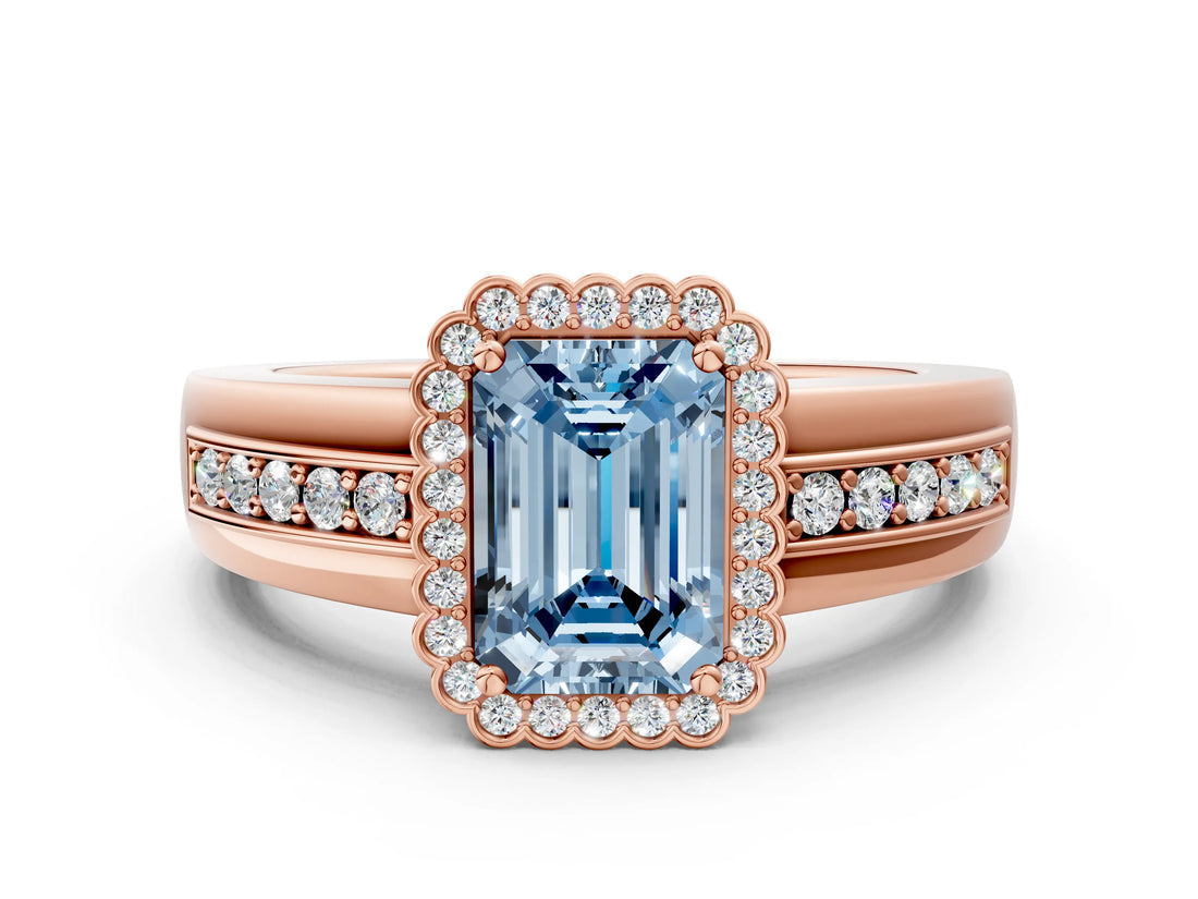 Rose gold Fancy Blue Emerald  Cut Halo Pave Band Four-Prong Ring_49