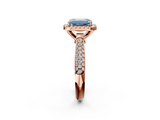 Rose gold Fancy Blue Emerald  Cut Halo Pave Band Four-Prong Setting Ring_39