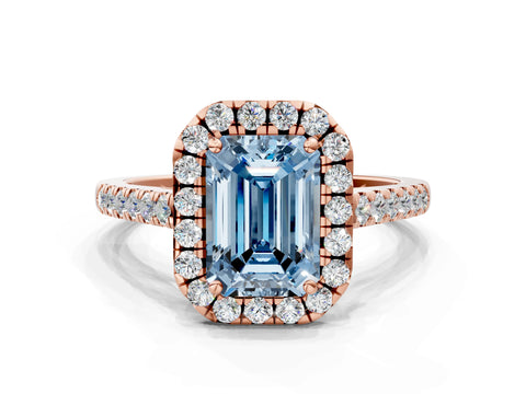 Rose gold Fancy Blue Emerald Cut Halo Pave Diamond Engagement Ring with Four-Prong Setting