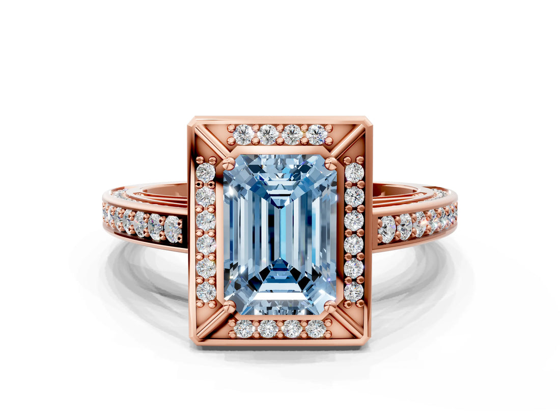 Rose gold Fancy Blue Emerald  Cut Halo Pave Split Shank Prong Setting Ring_32