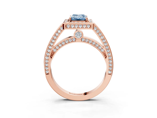 Rose gold Fancy Blue Emerald  Cut Halo Pave Split Shank Prong Setting Ring