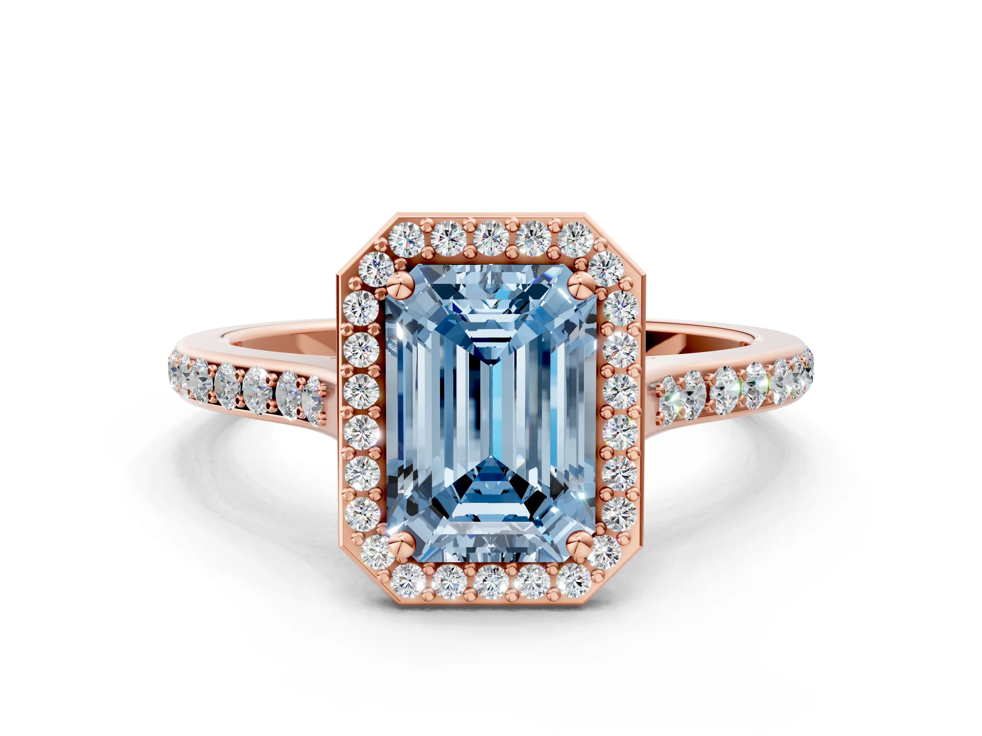 Rose gold Fancy Blue Emerald Cut Halo Round Diamond Pavé Band with Four-Prong Setting_3