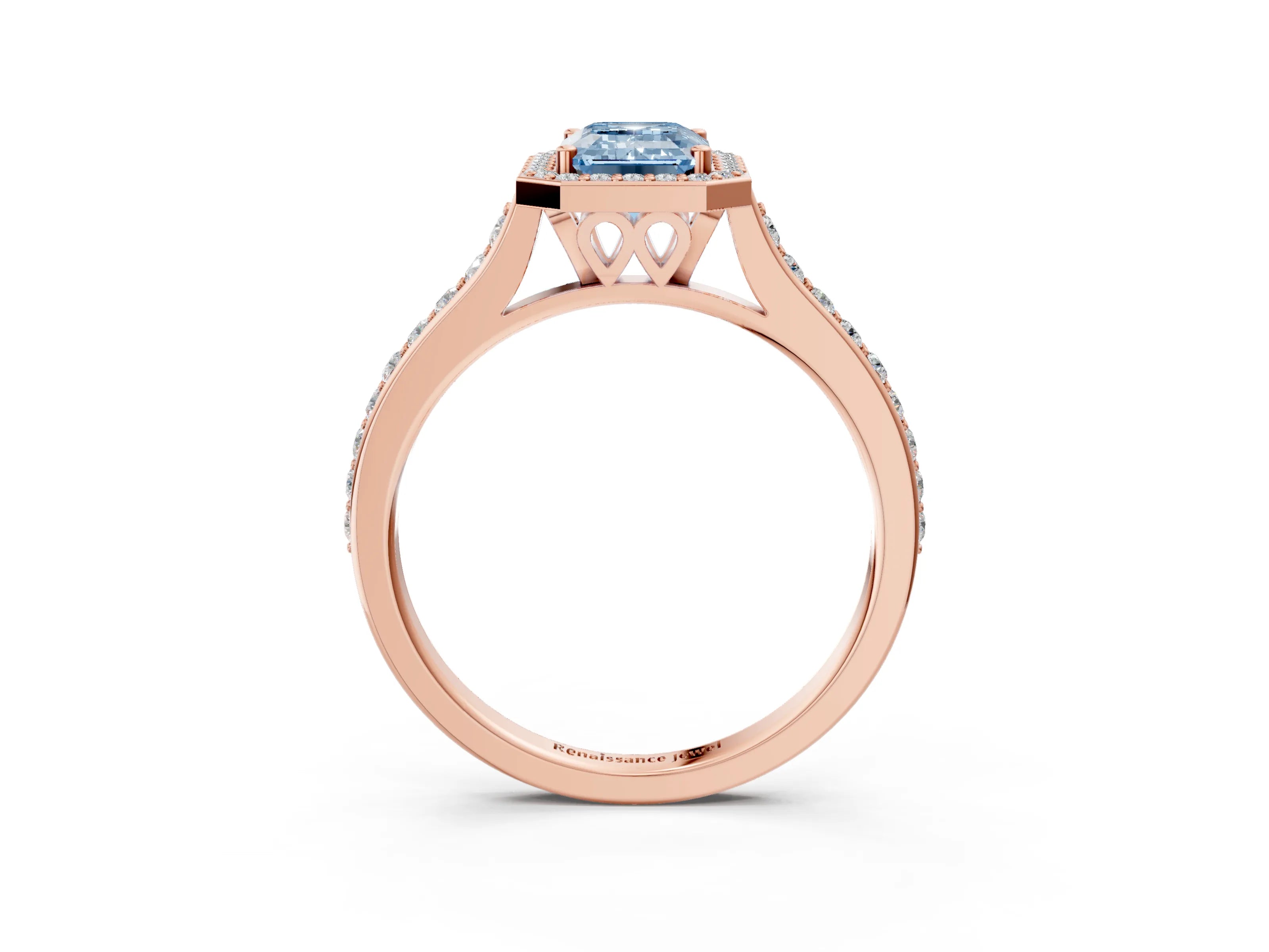 Rose gold Fancy Blue Emerald Cut Halo Round Diamond Pavé Band with Four-Prong Setting_6