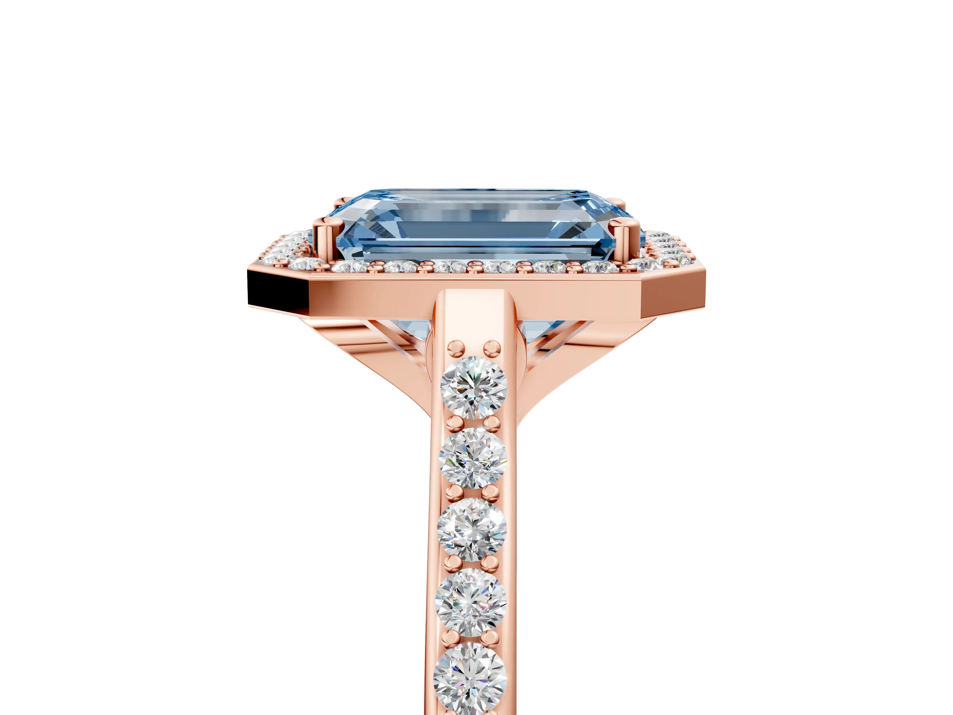 Rose gold Fancy Blue Emerald Cut Halo Round Diamond Pavé Band with Four-Prong Setting_8