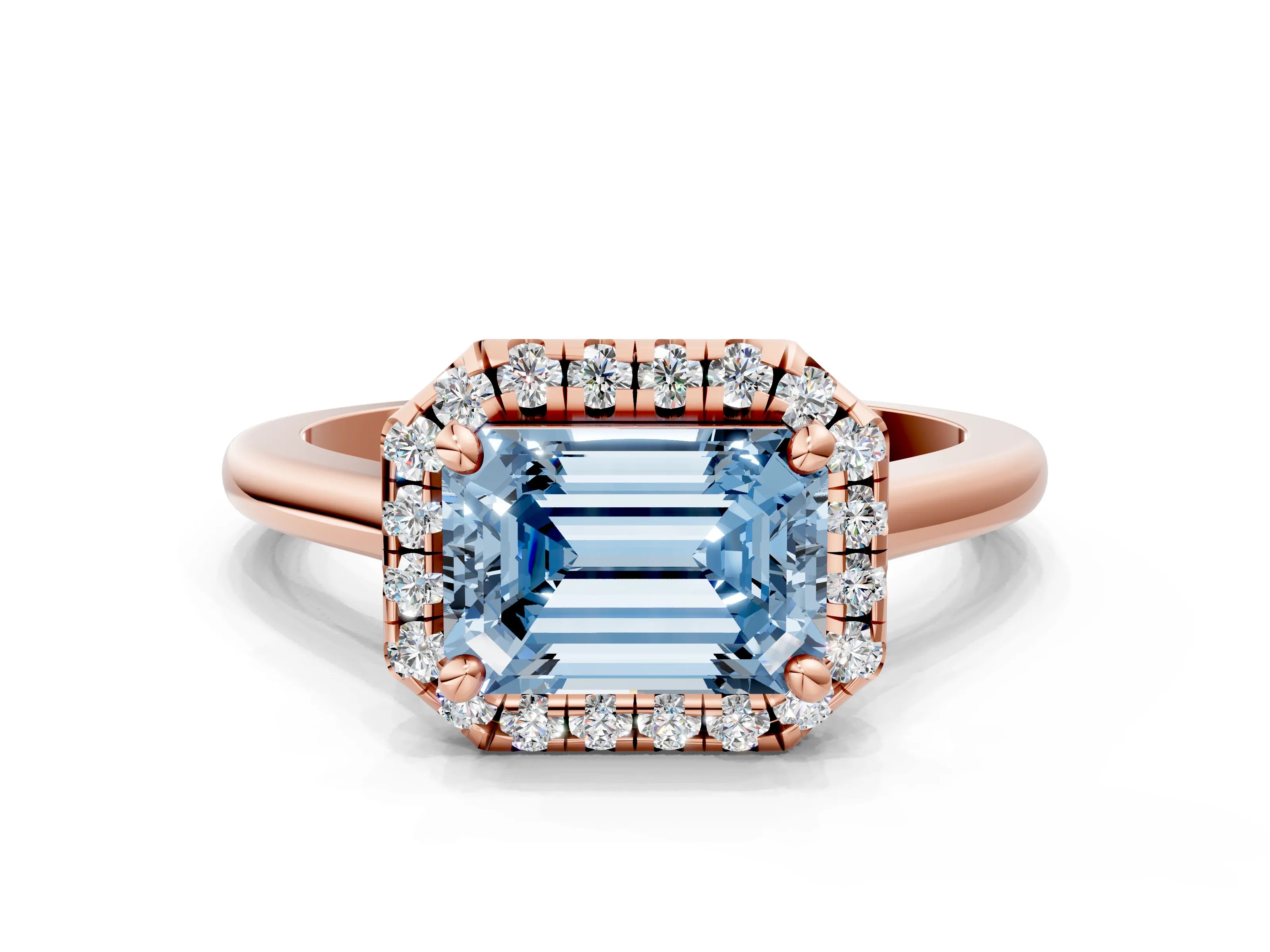 Rose gold Fancy Blue Emerald Cut Halo Round Diamond Solitaire Engagement Ring with Pave Band and Four-Prong Setting_12