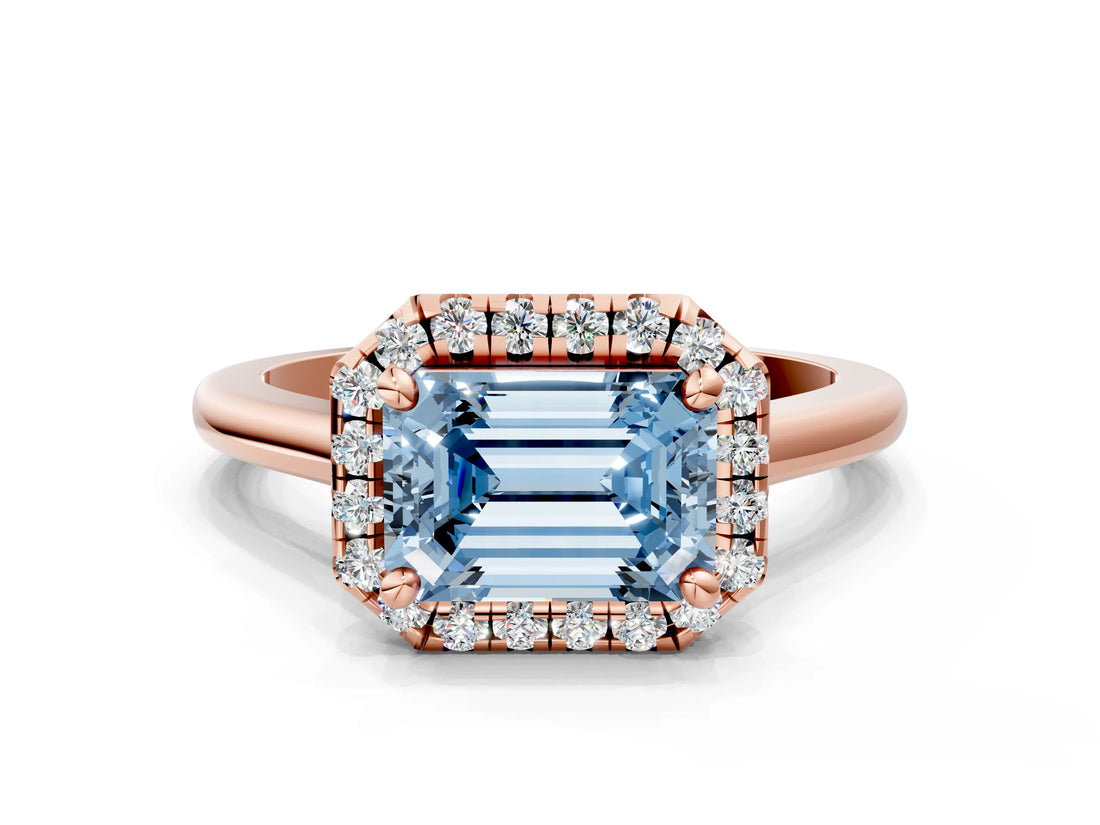 Rose gold Fancy Blue Emerald Cut Halo Round Diamond Solitaire Engagement Ring with Pave Band and Four-Prong Setting_12