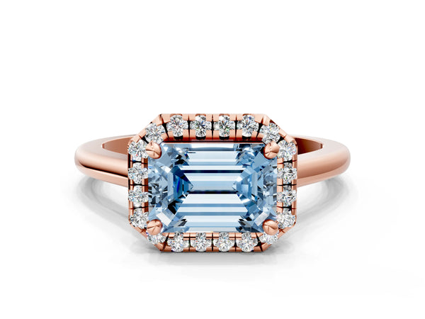Rose gold Fancy Blue Emerald Cut Halo Round Diamond Solitaire Engagement Ring with Pave Band and Four-Prong Setting