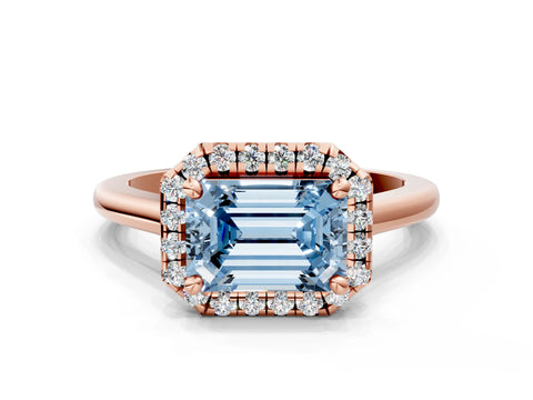 Rose gold Fancy Blue Emerald Cut Halo Round Diamond Solitaire Engagement Ring with Pave Band and Four-Prong Setting_12